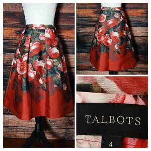 Talbots Skirt Size 4 A-Line Pleated Flare Red Rose Side Zip Lined Pockets Retro